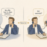 Illustration showing why cold outreach messaging determines conversion more than list quality alone — two identical SDRs call from the same list, but a generic 'best-in-class solutions' opener puts the prospect to sleep while a sharp '30 seconds?' pattern interrupt earns immediate engagement, representing how structured B2B messaging frameworks turn cold outreach into discovery conversations.