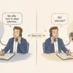 Illustration showing why cold outreach messaging determines conversion more than list quality alone — two identical SDRs call from the same list, but a generic 'best-in-class solutions' opener puts the prospect to sleep while a sharp '30 seconds?' pattern interrupt earns immediate engagement, representing how structured B2B messaging frameworks turn cold outreach into discovery conversations.