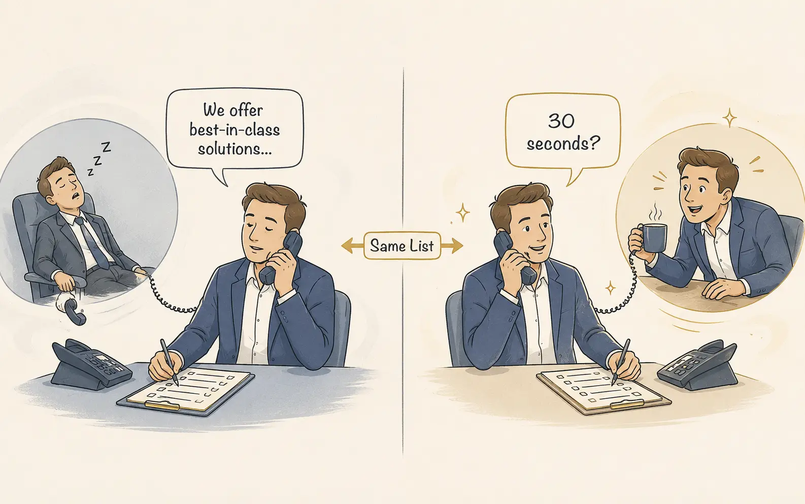 Illustration showing why cold outreach messaging determines conversion more than list quality alone — two identical SDRs call from the same list, but a generic 'best-in-class solutions' opener puts the prospect to sleep while a sharp '30 seconds?' pattern interrupt earns immediate engagement, representing how structured B2B messaging frameworks turn cold outreach into discovery conversations.
