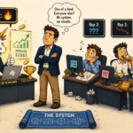 Illustration showing why B2B outbound lead generation fails without a system — a unicorn top performer crushes pipeline on the left while three unstructured reps drift aimlessly on the right, as a frustrated sales manager realizes his team depends on unreplicable talent rather than a repeatable process, with a 'The System' blueprint sitting ignored on the floor between them, representing the core argument for structured outbound sales infrastructure over personality-driven revenue.