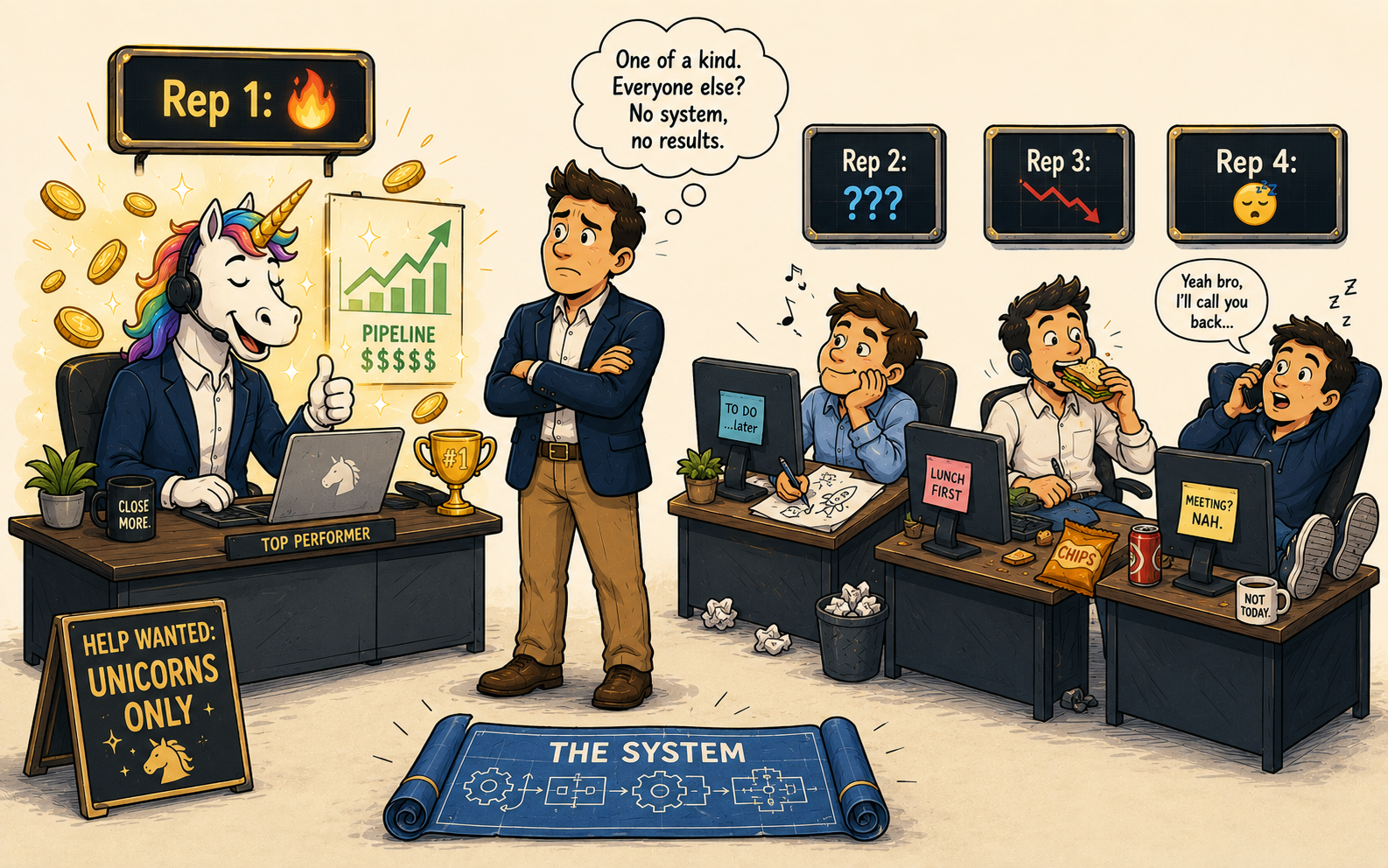 Illustration showing why B2B outbound lead generation fails without a system — a unicorn top performer crushes pipeline on the left while three unstructured reps drift aimlessly on the right, as a frustrated sales manager realizes his team depends on unreplicable talent rather than a repeatable process, with a 'The System' blueprint sitting ignored on the floor between them, representing the core argument for structured outbound sales infrastructure over personality-driven revenue.