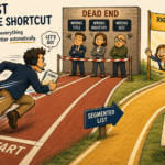 Illustration showing why B2B outbound lead generation fails before the first dial — a fully prepared SDR with perfect tools and maximum effort sprints toward a dead end wall of wrong targets labeled Wrong Title, Wrong Industry, and Wrong Size, while missing the Segmented List lane leading to engaged right prospects, with the closing line 'The List Is the Lane. Everything Else Is Just Speed,' representing how list segmentation determines outbound sales success more than messaging, scripts, or effort.