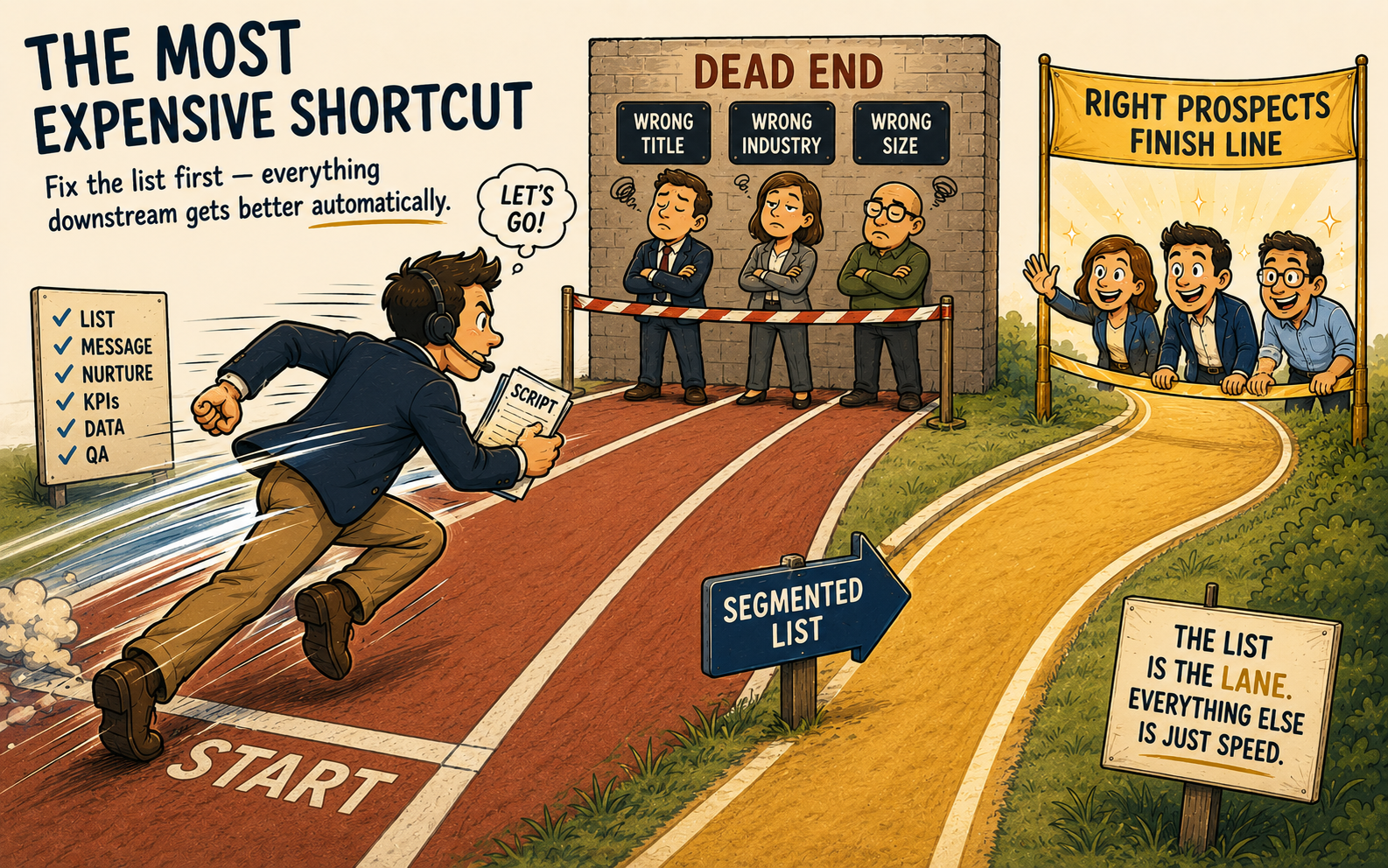 Illustration showing why B2B outbound lead generation fails before the first dial — a fully prepared SDR with perfect tools and maximum effort sprints toward a dead end wall of wrong targets labeled Wrong Title, Wrong Industry, and Wrong Size, while missing the Segmented List lane leading to engaged right prospects, with the closing line 'The List Is the Lane. Everything Else Is Just Speed,' representing how list segmentation determines outbound sales success more than messaging, scripts, or effort.